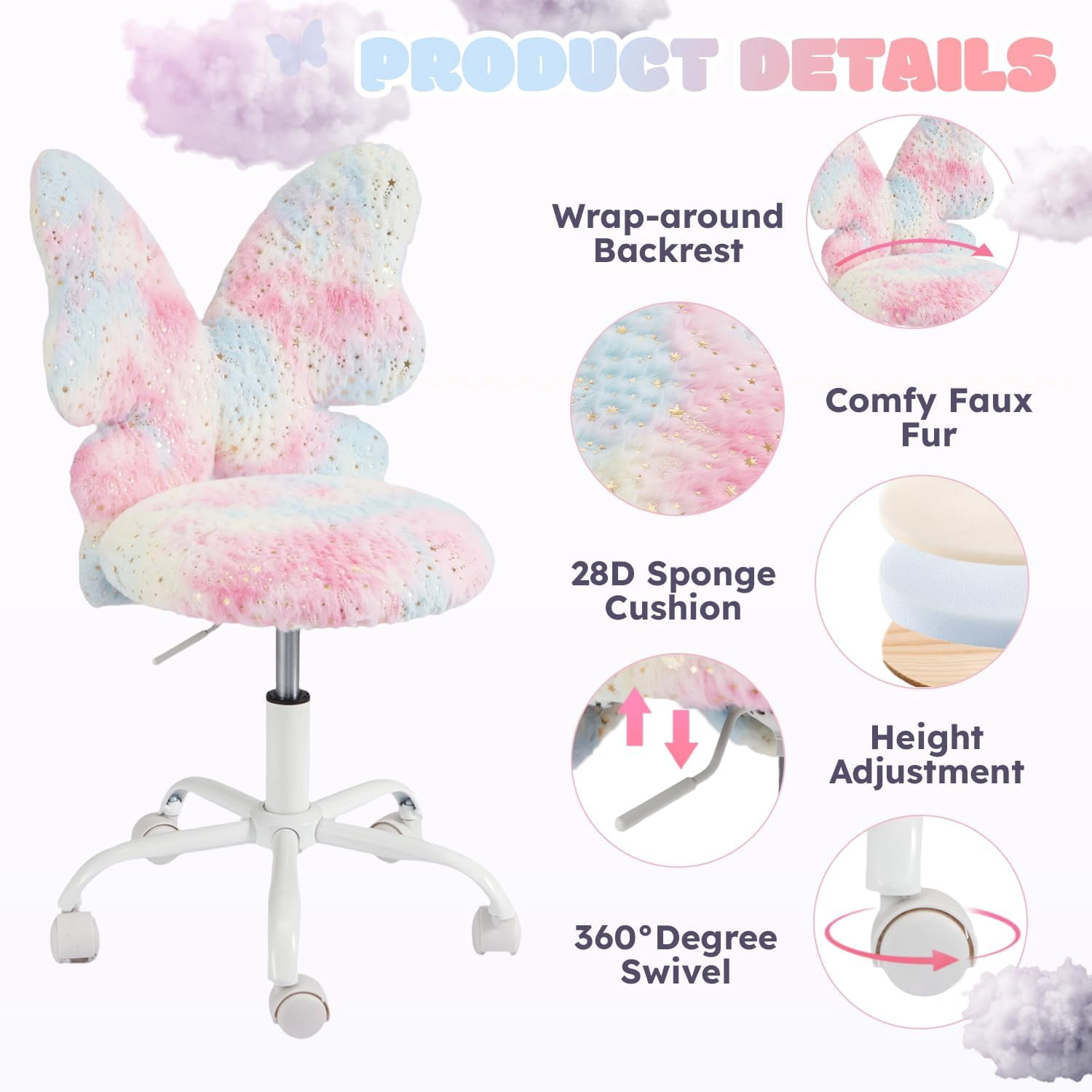 Kids Desk Chair with Butterfly Back,Cute Fluffy Desk Chair with Wheels for Girls,Faux Fur Swivel Vanity Chairs W/Adjustable Seat Height for Children Bedroom & Reading Room, Study/Vanity,Colorful Pink