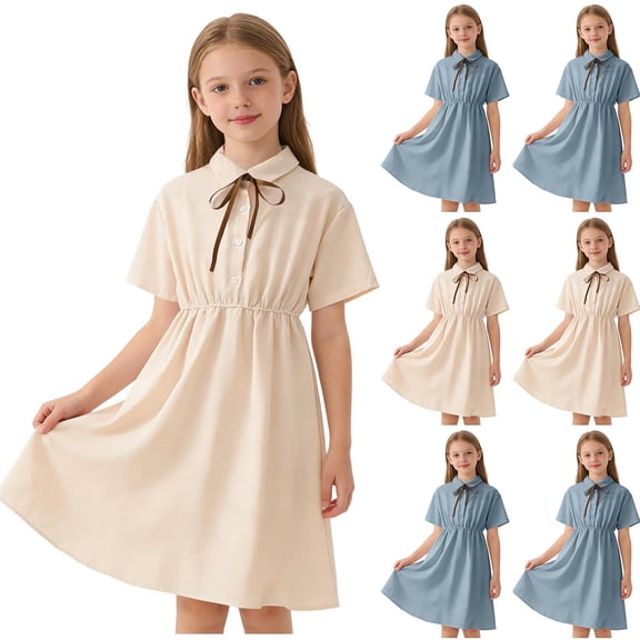 Agkizg Girls Casual Dress Solid Button-down Collar Bow Ties High Waist School Uniform Style Comfortable Fitting Dress,Sizes 9-10 Years
