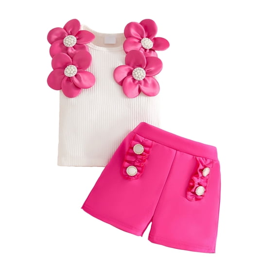 TOWED22 Toddler Girls 2-10Y Summer Clothes 2Pcs Outfits Sleeveless Butterfly Print Cami and Ruffle Hem Shorts Set(Hot Pink,12-18 M)
