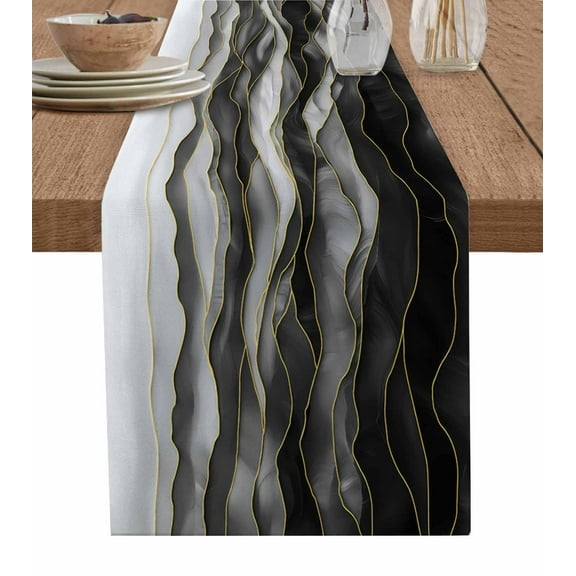 Table Runner Dresser Scarves 70 Inch Long,Black Grey Color Gradient Art Linen Dining Table Runners Abstract Ombre with Gold Line Tabletop Scarf for Wedding Holiday Party Kitchen