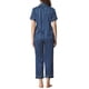 thumbnail image 3 of Conjunto de pijama de 2 piezas para mujer INSPIRE CHIC, camisa de satén de botones cortos con pantalones largos, talla XL, azul marino, 3 of 5
