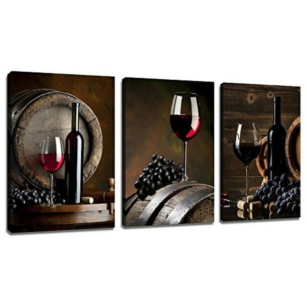 Sechars 3 Piece Canvas Wall Art Red Wine Painting For Wall Decor Grape Pictures Stretched And Framed Vintage Kitchen Decorations Theme Sets Walmart Com Walmart Com