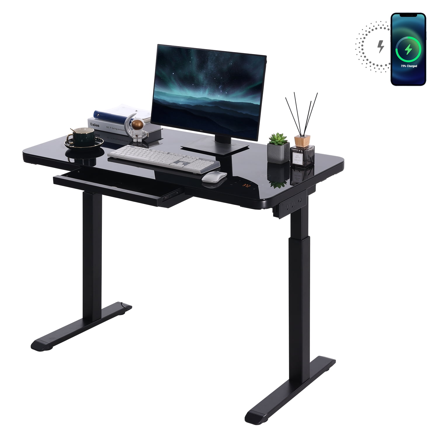 Urban Deco Electric Standing Desk With Drawer 45x24 Adjustable Height Desk With Wireless Charging Upgrade Ergonomic Glass Stand Up Desk With Memory Touch Control Panel Power Strip And Usb Port Walmart Com