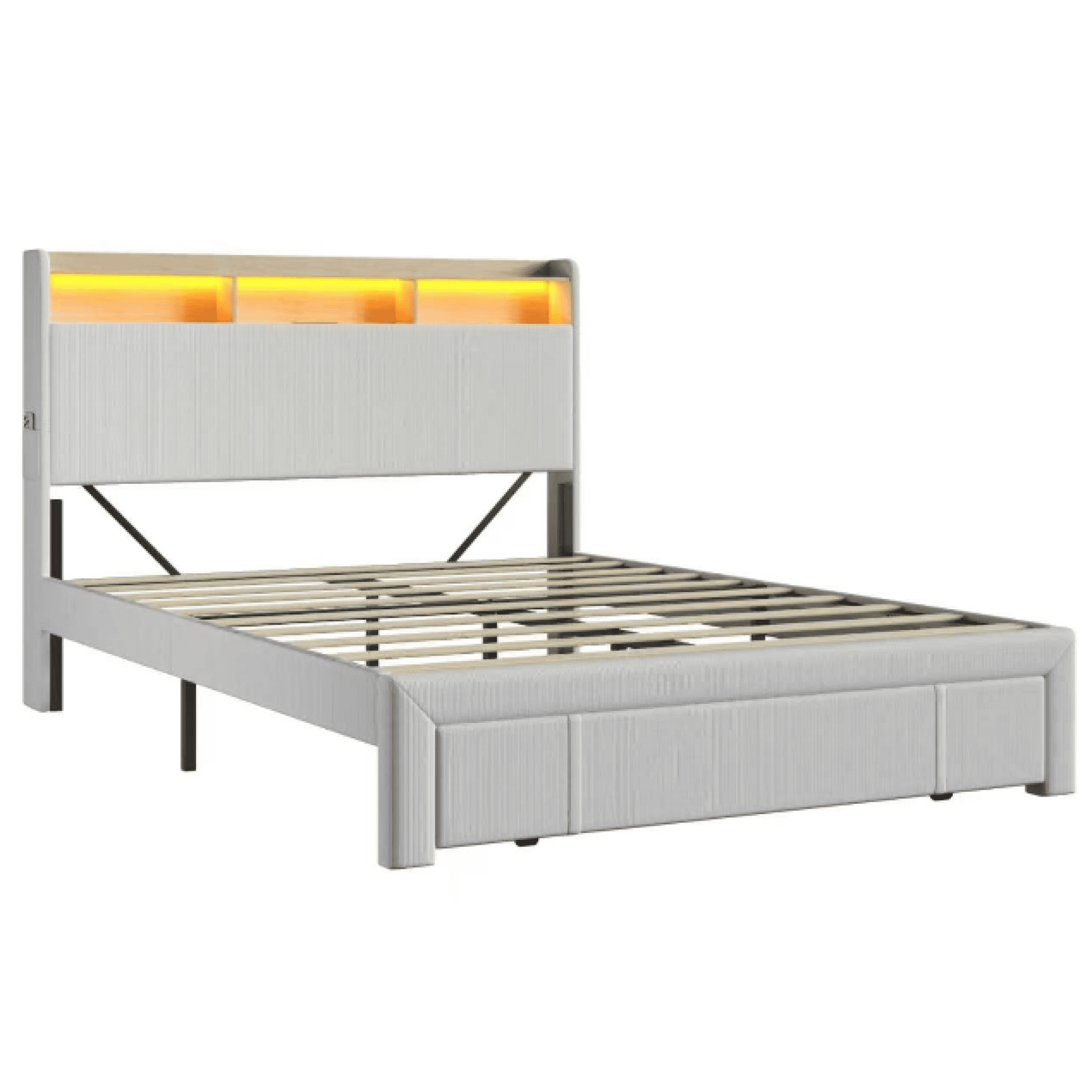 Leumius Queen Size Bed Frame,Upholstered Platform Bed Frame with LED & Charging Station,Drawers and Storage Headboard,Noise-Free, No Box Spring Needed,Beige(Queen)