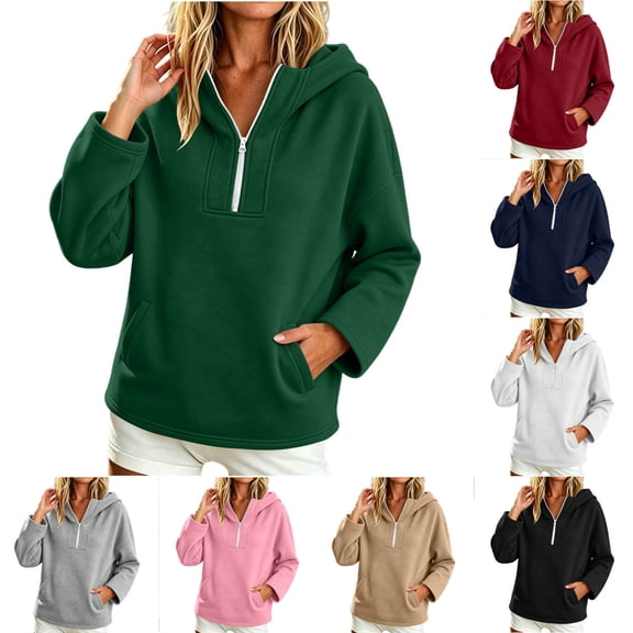 Jsaierl Women's Trendy Half Zip Hoodies Sweatshirts with Drawstring Kangaroo Pocket Lightweight Athletic Travel Tops S-2XL