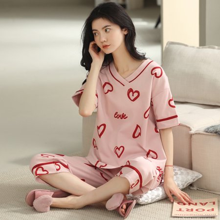 

QWZNDZGR Summer Nightwear Sets Knitted Cotton Cute Cartoon Pyjamas Sweet Casual Women’s Pajamas Short Sleeve Sleepwear Homewear Fashion