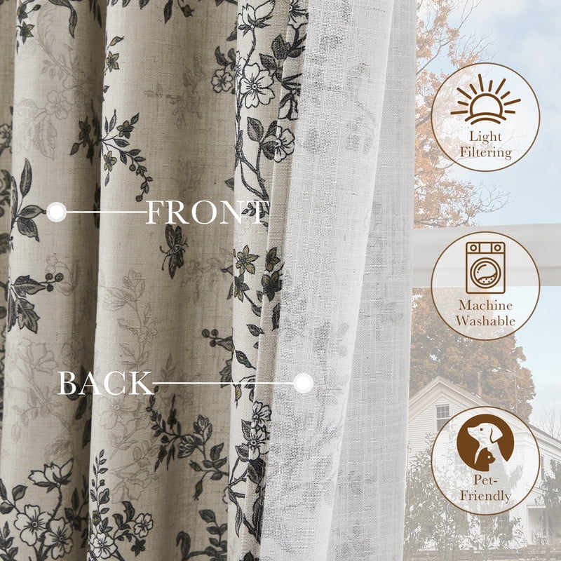 NICETOWN Floral Linen Curtains 84 inch Long, Linen Cotton Floral Pattern Organic Privacy Window Drapes Rod Pocket & Back Tab with Light Filtering for Bedroom Living Room, Pea Green, 52"x84", 2 Panels