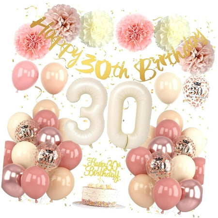 SKYSONIC 40th Birthday Decorations for Women Retro Birthday Balloons, Happy 40th Banner, Cake Topper, Pom Pom, Rose Number 40 Balloon for Her 40th Birthday Party Supplies