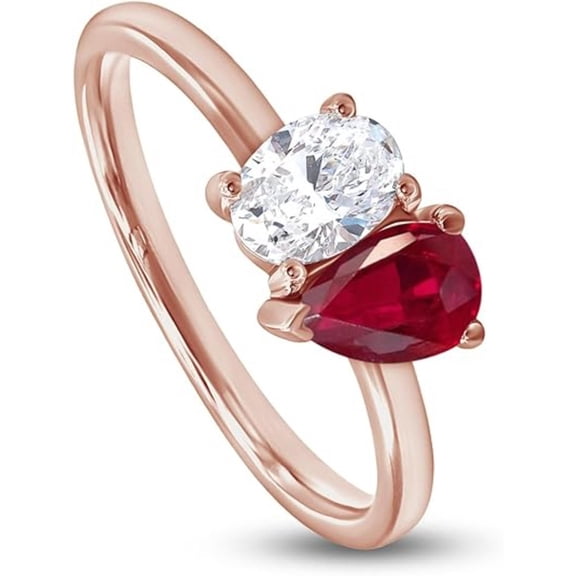 Wedding 925 Sterling Silver 14K Rose Gold Plating Pear Shape Ruby & Oval Cut White Diamond Toi Et Moi 2-Stone Solitaire Promise Engagement Ring For Women