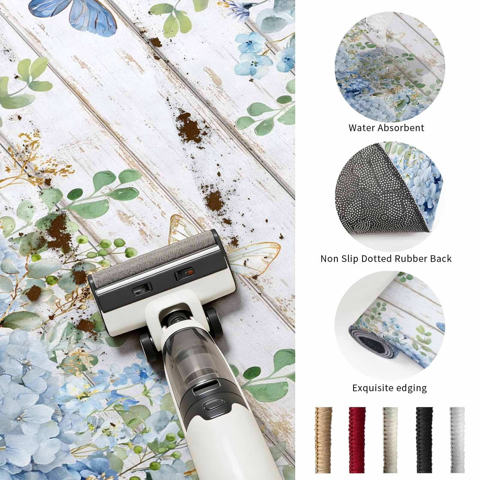 Area Rugs for Living Room 4x6 Ft, Blue Hydrangea Non Slip Area Rugs for Kitchen Bedroom Entryway, Spring Summer Eucalyptus Wooden Washable Carpet Runner Rug Floor Mats for Bedroom Home Decor