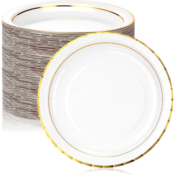 50 Pcs Gold Disposable Paper Plates 10 Inch White with Gold Rim Strong Heavy Duty Dinner Dessert Plates for Party, Birthdays and Weddings