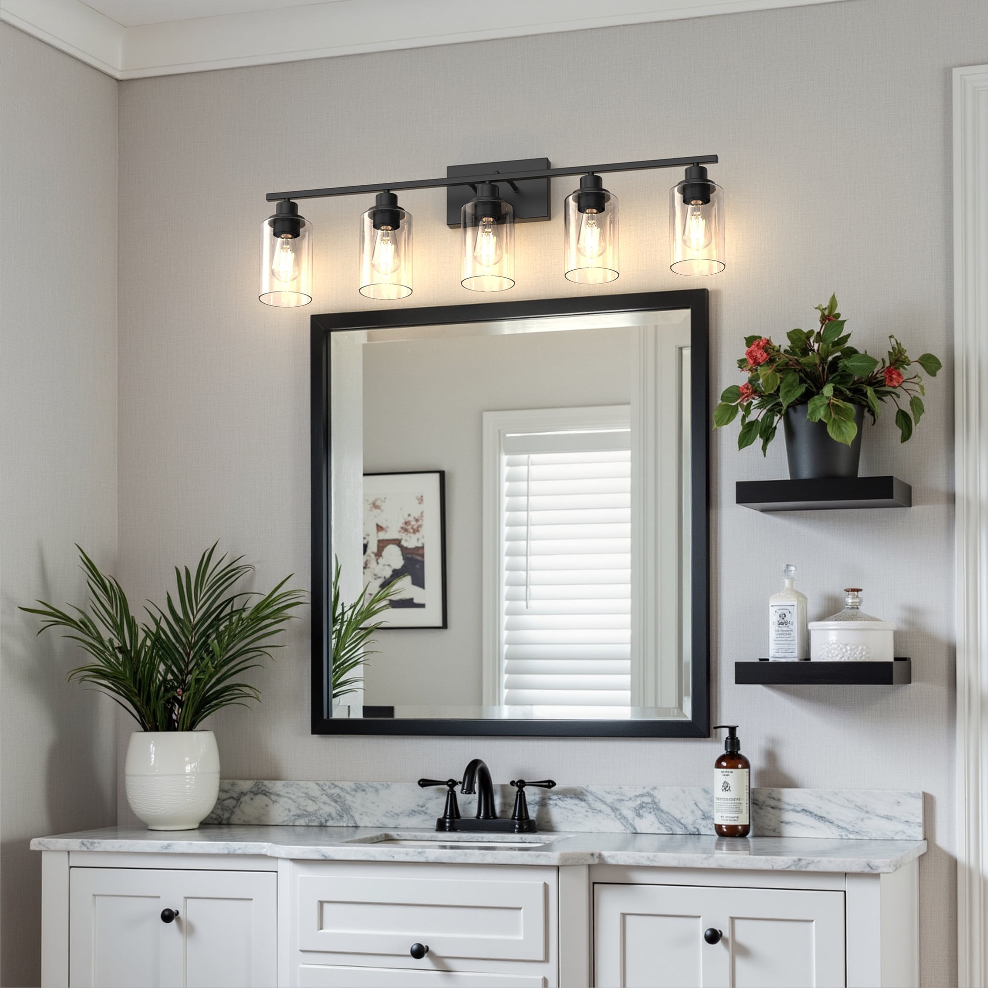 YANSUN  35.4 in 5-Light Matte Black Industrial Bathroom Vanity Light with Clear Glass Shades, Classic Wall Light Fixture for Mirror Living Room Cabinet Bedroom Porch