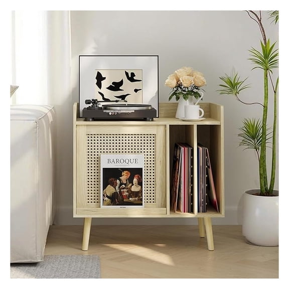 Large Record Player Stand with Storage Cabinet & Rattan Magazine Rack, Vinyl Record Storage Side Table with Solid Wood Legs for Living Room, Bedroom