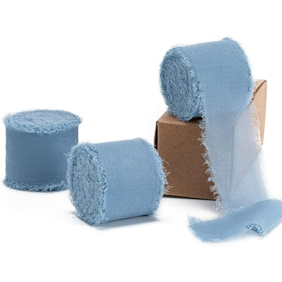 Dusty Blue Handmade Chiffon Ribbon,1.5Inch x 3 Rolls Total 24 Yards Dusty Blue Fringe Chiffon Silk Ribbon,for Wrapping Wedding Invitations,Bridal Bouquets,DIY Crafts,Home Decor and More