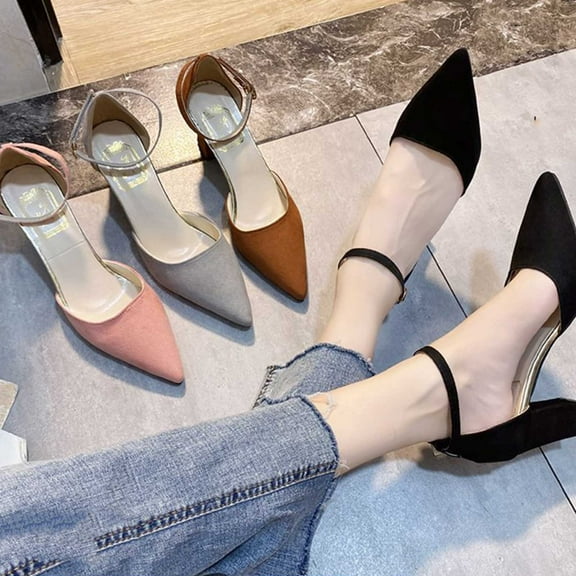 Hinvhai Women's Pointed Toe Low Chunky Heels Pump Shoes , Comfortable Heels for Women, Chunky Ankle Strap Dress Pumps Shoes for Wedding office Party Pink 8.5(42)