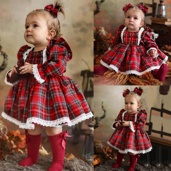 Wangmeiwg Christmas Dress For Girls, Girls Dresses - Toddler Girls Christmas Long Sleeve Lace Plaid Prints Dress for Xmas Party Festive Holiday Outfit 3-4 Years Red