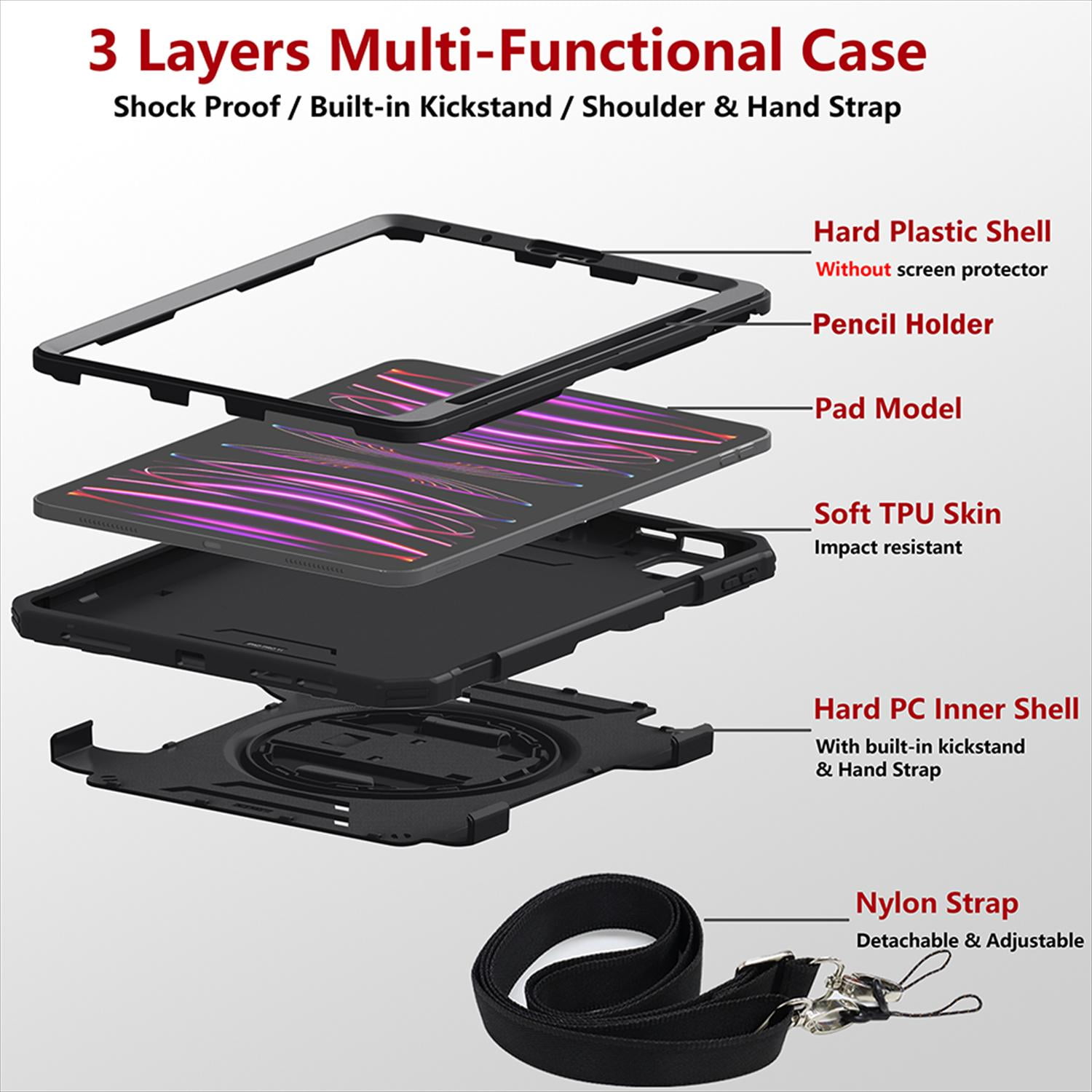 Shockproof Case for Apple iPad Pro 11 Inch 2024 M4, with Pencil Holder Military Grade Protection Rotating Stand Hand Strap Shoulder Strap Bumper Rugged Case for iPad Pro 11" 2024, Black