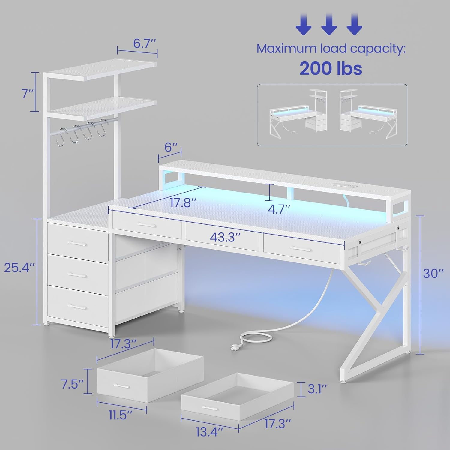 55" Gaming Desk with 6 Drawers, Small Corner Computer Desk with Power Outlets & LED Lights, Home Office Desk with Monitor Stand & Hooks, Reversible PC Desk with Storage, Carbon Fiber White