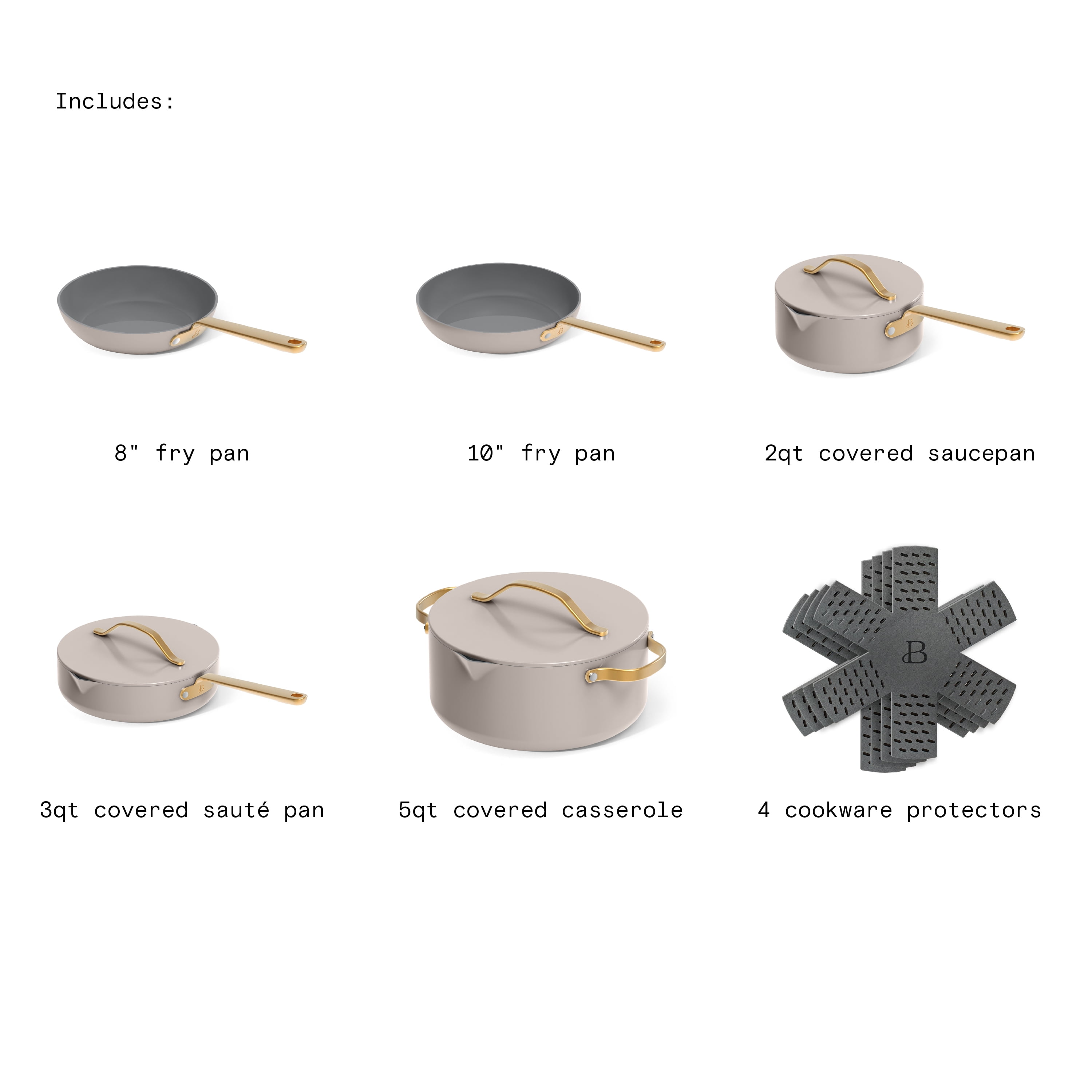 Beautiful 12-Piece Cookware Set, Pots and Pans with Strainer Lids and EverGood Ceramic Nonstick Coating, Porcini Taupe by Drew Barrymore