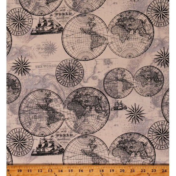 Cotton World Maps Compasses Land Oceans Seas States Provinces Travel Ocean Maps Cream Cotton Fabric Print by the Yard (CA-3135-8C-2)