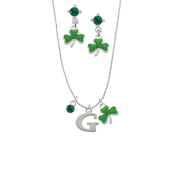 Delight Jewelry Silvertone Large Initial - G - Green Shamrock Necklace and Clover Earrings Jewelry Set
