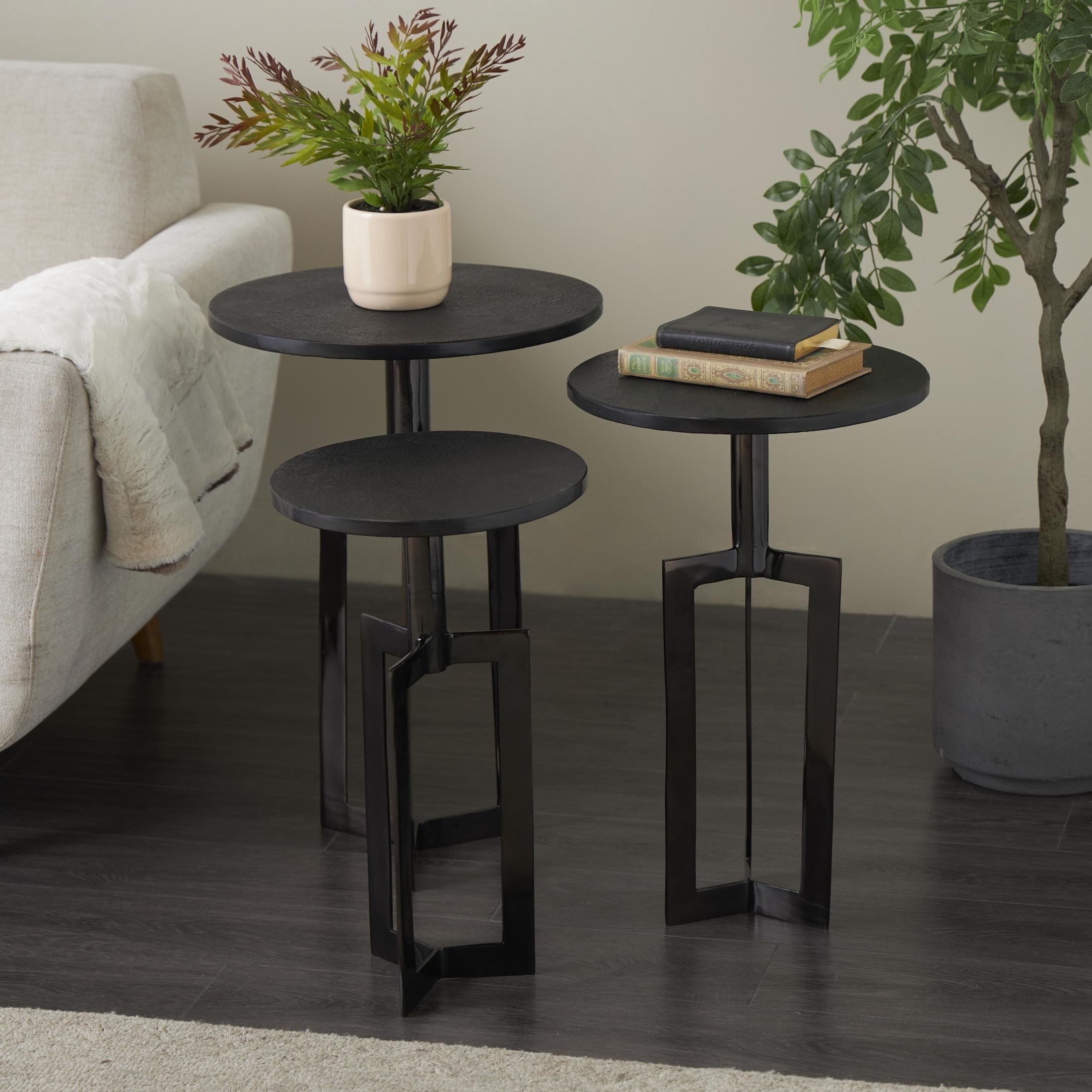 DecMode 16" x 24" Black Aluminum Metal Tripod Shaped Accent Table with Black Marble Tabletops, 3-Pieces