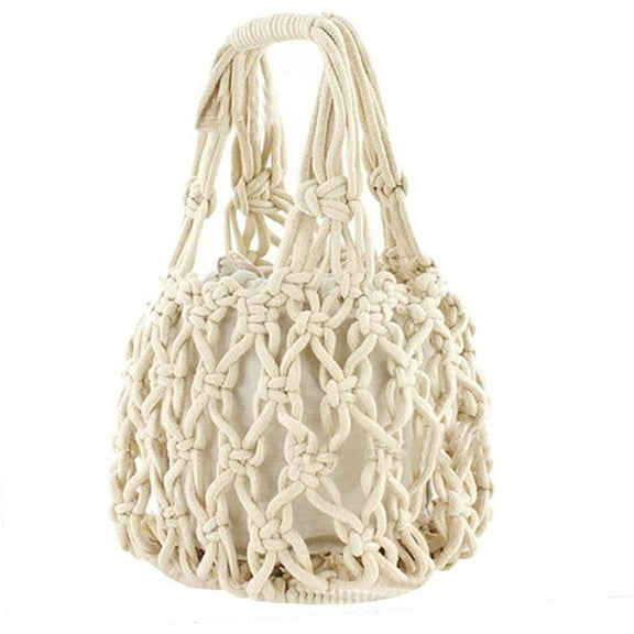 Kukuzhu New Straw Bag Cotton Thread Woven Bag Portable Net Bag Casual Bucket Handbag Summer Beach Purse for Women/Girls