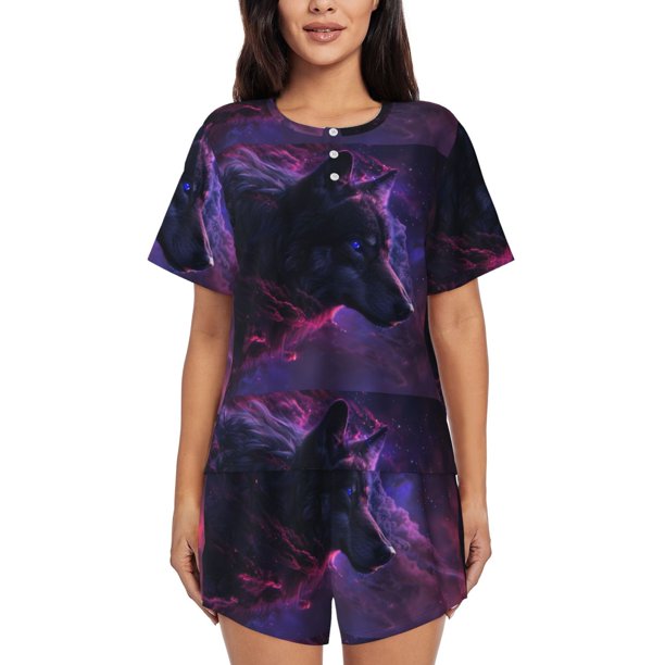 Balery Galactic Wolf Stare Conjunto de Pijama para Mujer con Estampado, Dos Piezas de Manga Corta y Shorts, Ropa de Dormir Suave con Cuello Redondo y Bolsillos-X-Large