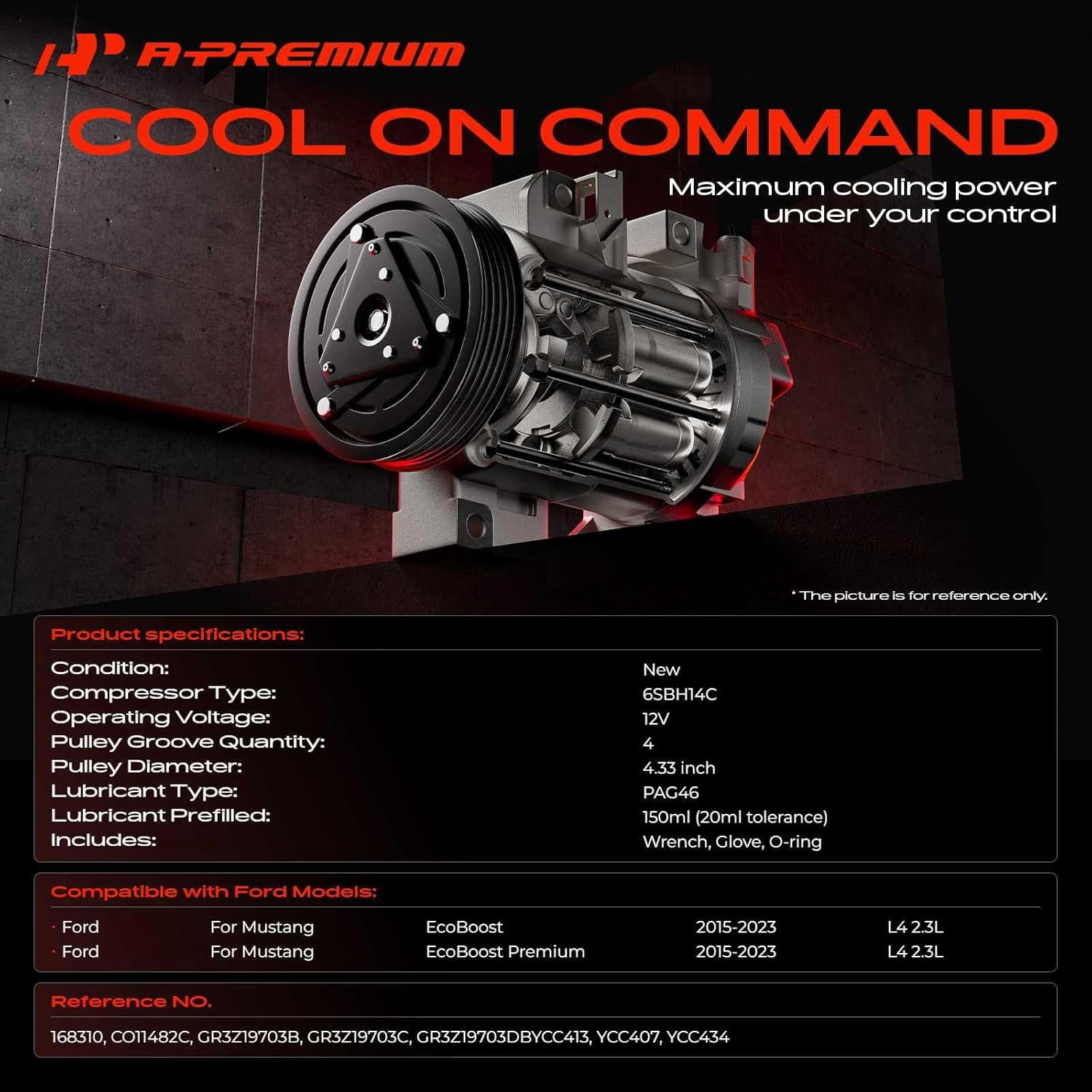 A-Premium Air Conditioner AC Compressor with Clutch Compatible with Ford Mustang 2015-2021 L4 2.3L