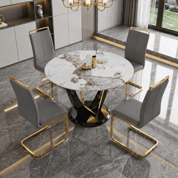 StnTalk Modern Round Dining Table Set for 4, 48" Kitchen Dining Room Table with Faux Marble Stone Top and 4 PU Leather Chairs, Stylish Round Kitchen Table Set with Metal Frame