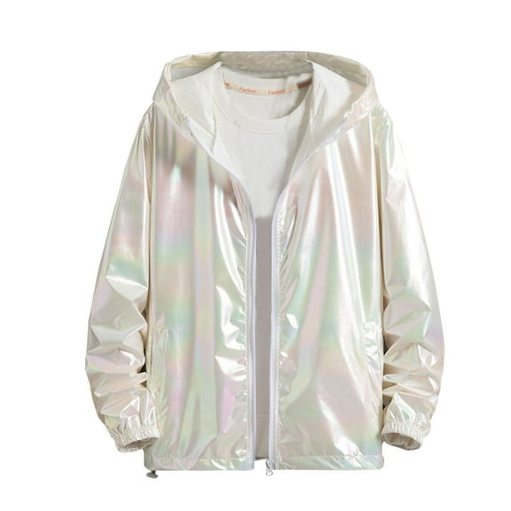 Mens Metallic Holographic Jacket Lightweight Zip Up Hooded Shiny Reflective Running Workout Windbreaker Trendy