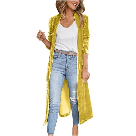 FAIWAD Women's Long Velvet Cardigan Jacket Casual Open Front Velour Lapel Cardigan Maxi Blazer Outwear