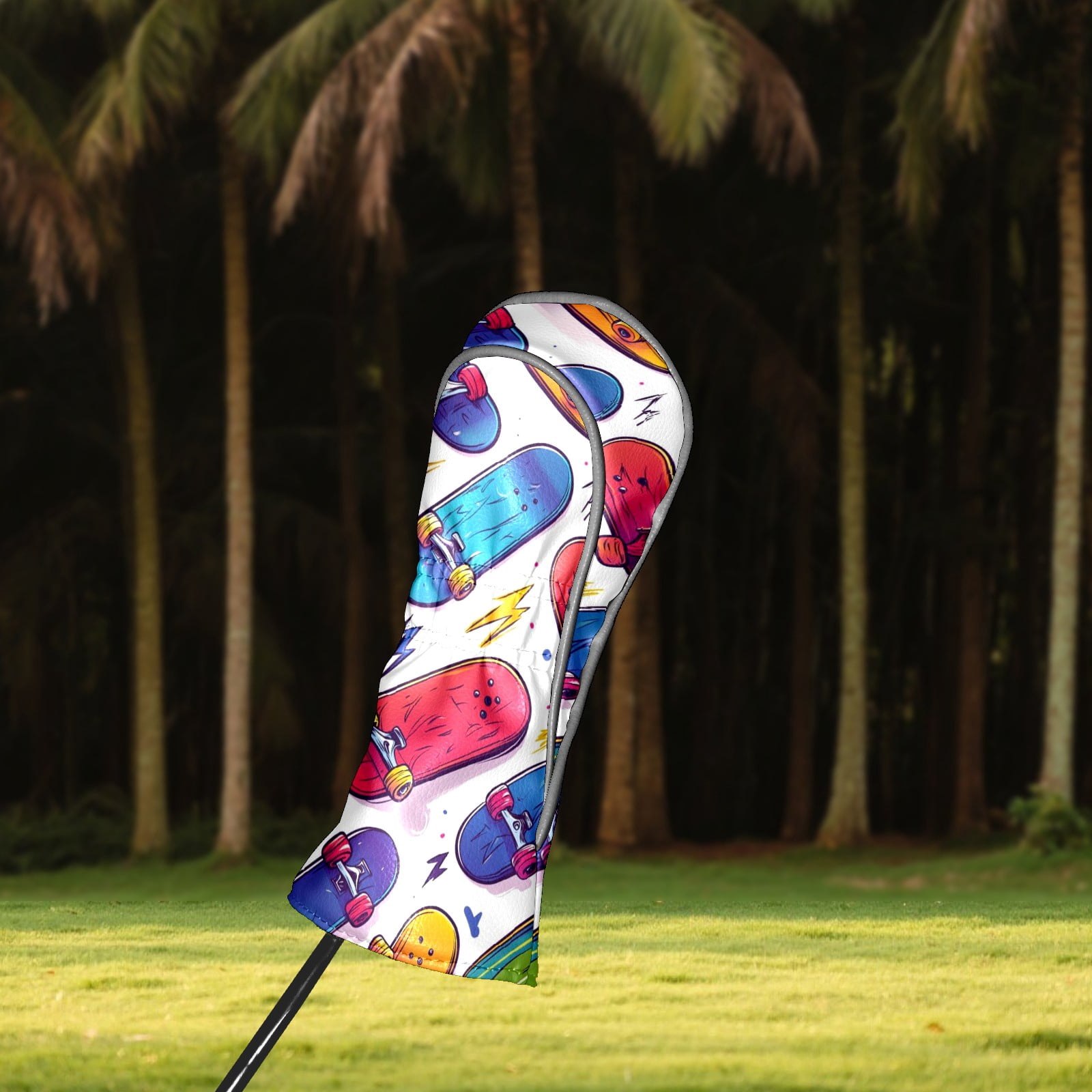 Golf Club Covers PU Leather Waterproof Head Covers for Fairway Woods Hybrids Skateboard Pattern Unisex Fits Most Brands