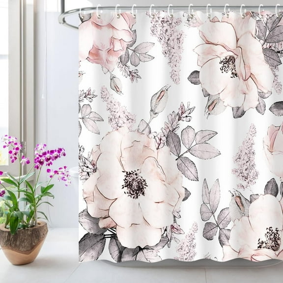 Pink Gray Flower Shower Curtain, Watercolor Floral Shower Curtains with Hooks White Grey Fabric Blossom Bathroom Decor Machine Washable, 72" W x 72" H