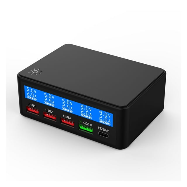 65W Multi 4 Port USB Fast Charging Station,Quick Charge QC3.0 PD 20W Wall Charger Hub With LCD For Phone Tablet ,Easy to Use