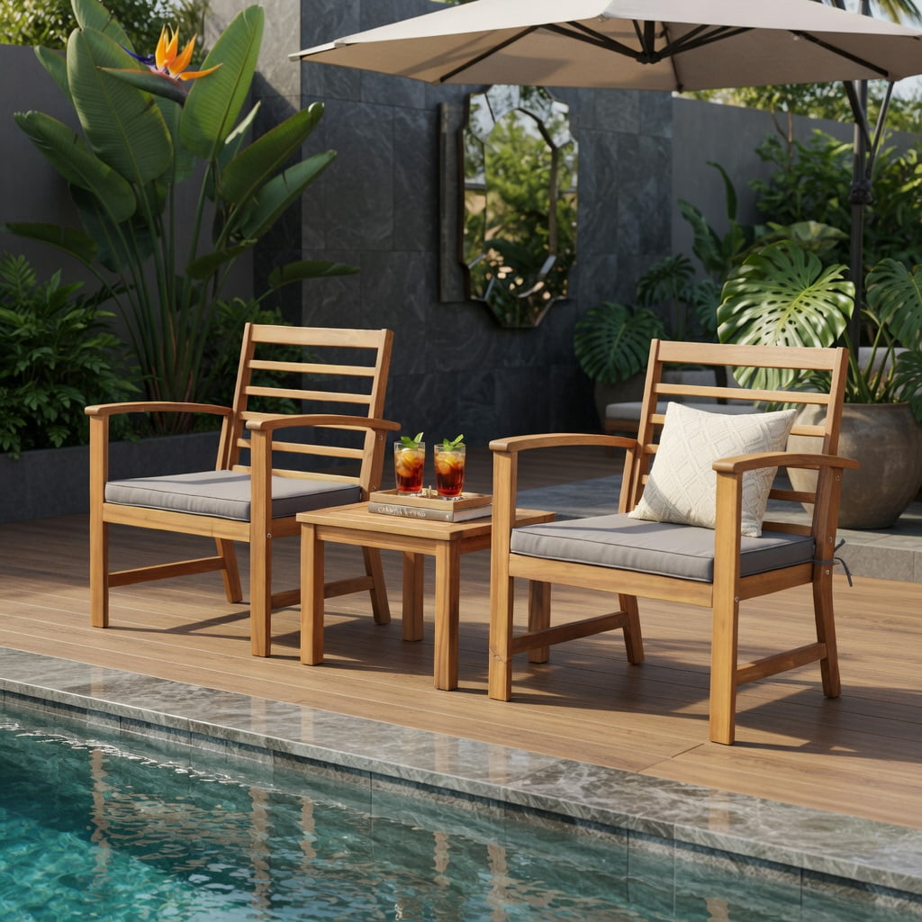 Hommoo 3-Piece Acacia Wood Outdoor Patio Furniture Set with Cushions, Durable Backyard Seating for Porch, Poolside & Deck, Gray