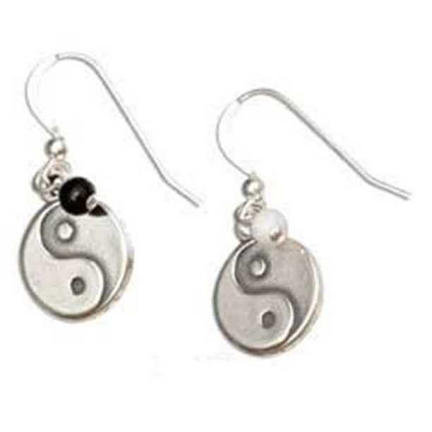 Argent Sterling Symbole Chinois Yin Yang Boucles d'Oreilles avec Onyx et Perles de Marbre