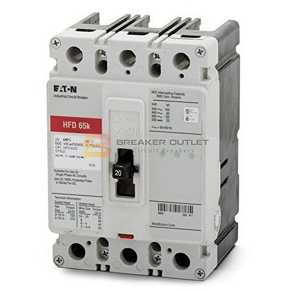 Eaton Cutler Hammer Westinghouse HFD3020 3 Pole 20 Amp 600v 65kA Circuit Breaker HFD
