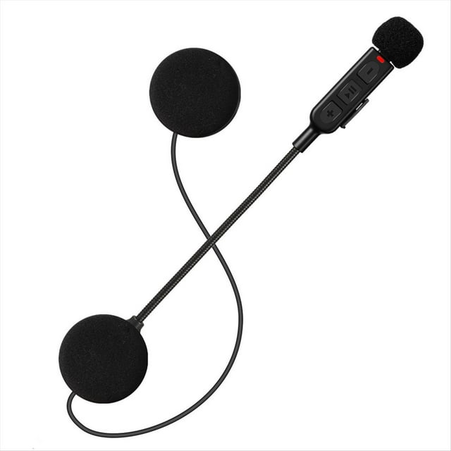 auriculares para casco de motocicleta con bluetooth 5.3 auriculares estéreo inalámbricos negros con dos almohadillas redondas forradas en espuma conectadas por cable y brazo flexible a un módulo de control con botones de volumen y reproducción; diseño de fácil instalación para llamadas manos libres y reproducción de música durante la conducción, también adecuados como intercomunicador personal en viajes.