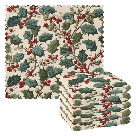 Retro Mistletoe Holly Leaves Christmas Dish Cloths Dish Towels Cleaning Cloths Quick Drying Reusable 11" x 11" Set of 6