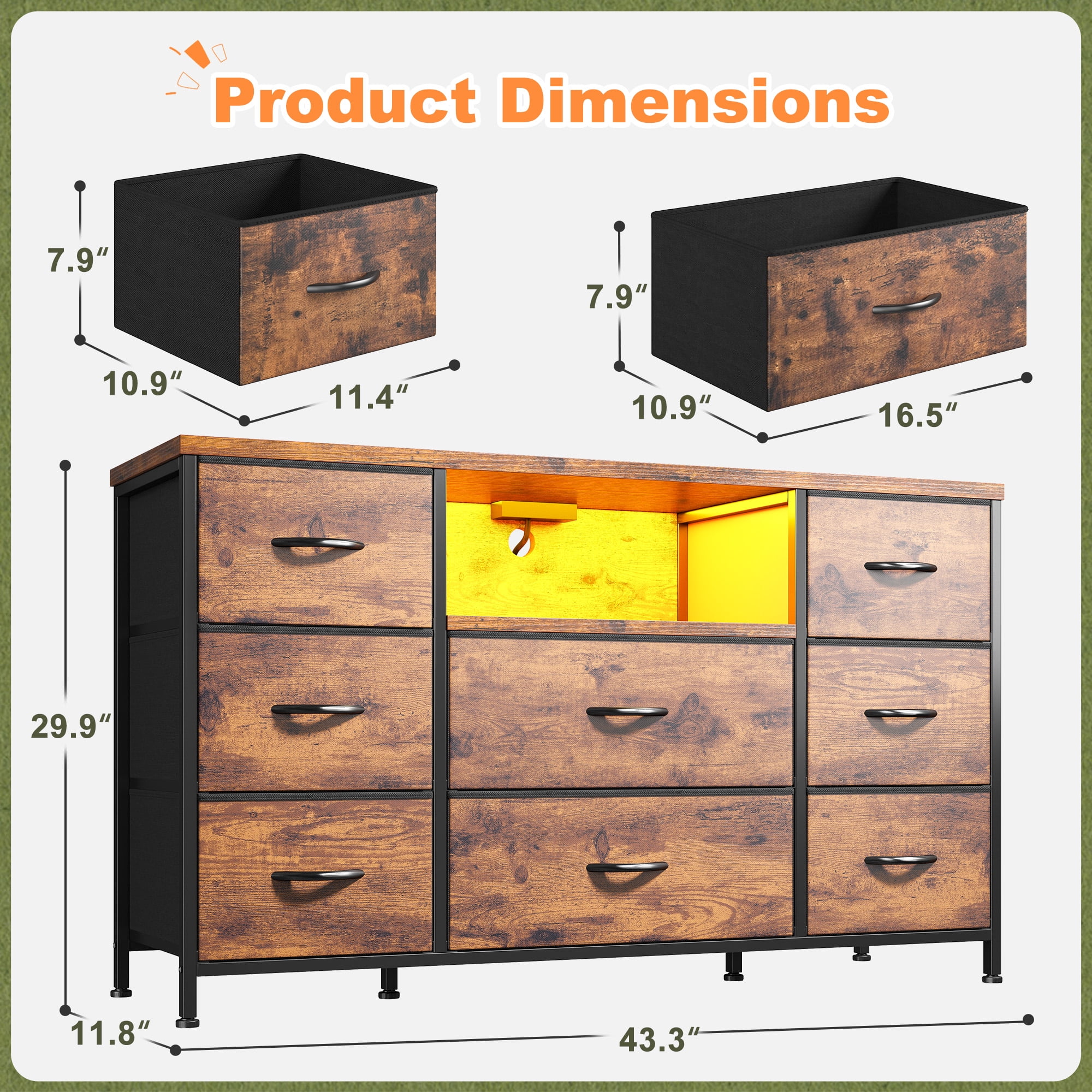 Romorgniz Dresser TV Stand for 55 inch TV with LED Lights & Charging Station Dresser for Bedroom with 8 Drawers, Rustic Brown