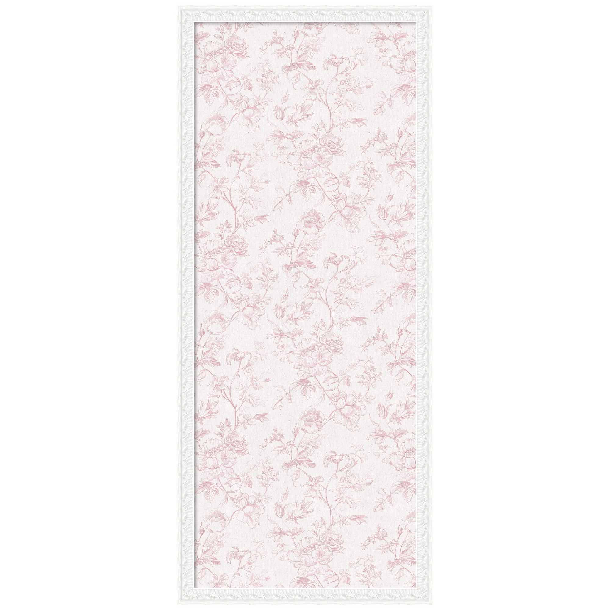 Kate and Laurel Framed Fabric Pinboard 18 x 42, Pink and White Floral Toile Printed Linen Traditional Bulletin Board for Use as a Vision Board or Wall Organization, Bethany White Frame