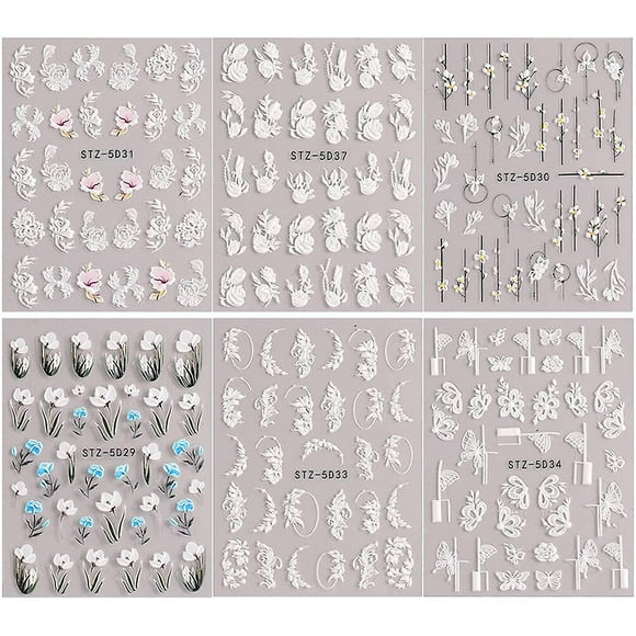6 Sheets Flower Nail Art Stickers Embossed Floral Nail Decals Nail Art Supplies