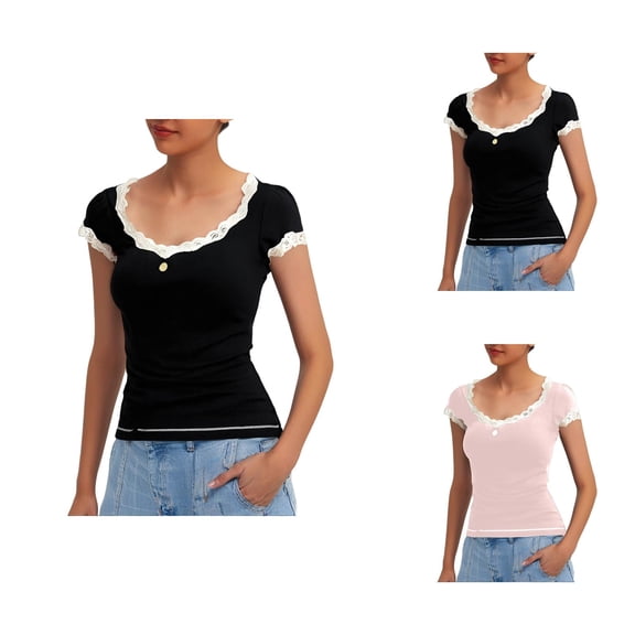 T Shirts for Women 2026 Summer Short Sleeve Lace Trim Scoop Neck Casual Slim Fit Tshirt Y2k Going out Top