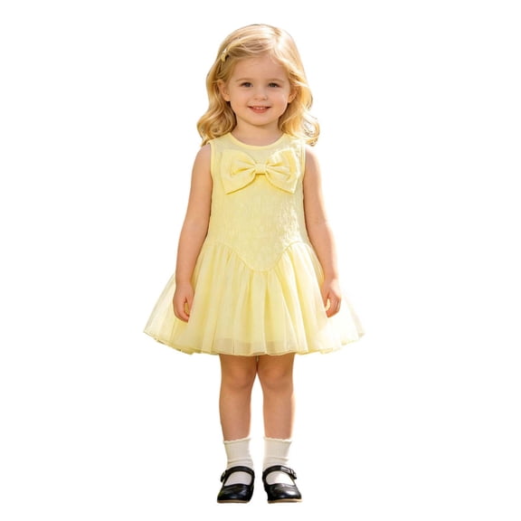 PLHWHYQ Toddler Girls Sleeveless Lace A-Line Dress, Elegant Sundress for Parties and Casual Daily Wear Yellow 18-24 Months