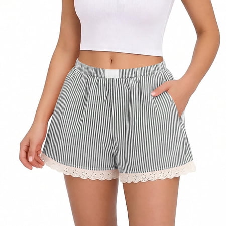 Guieoi Shorts for Women Plus Size Striped Lace-Panel Elastic-Waist Shorts Loungewear Pajama Shorts Gray 0 S