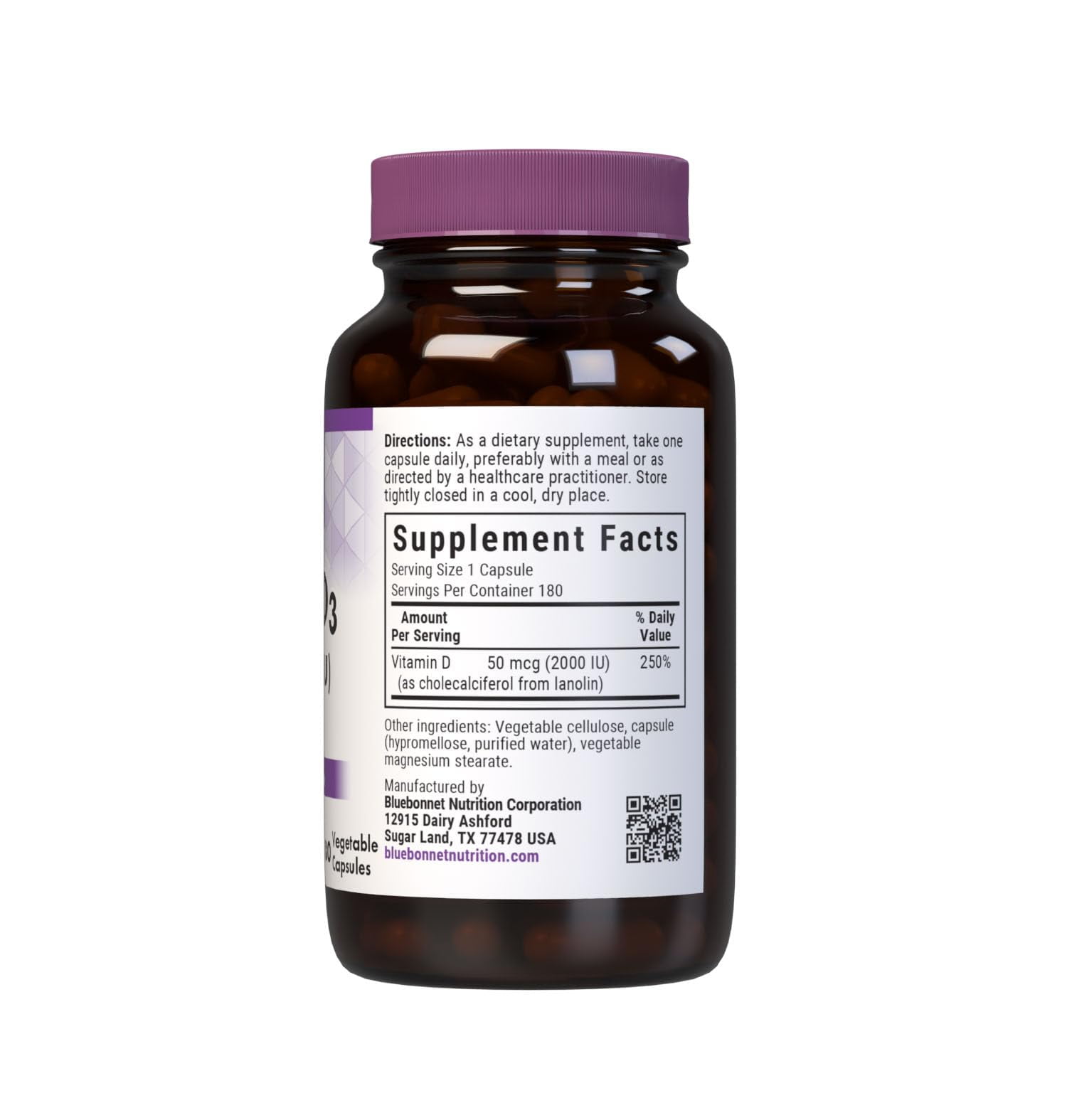 Bluebonnet Vitamin D3 2000 IU, Cholecalciferol from Lanolin, D3, 180 Days