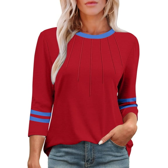 CHGBMOK Women Crew Neck T Shirts Strip 3/4 Sleeve Blouses Pleated Casual Dressy Tees Comfy Loose Tunic