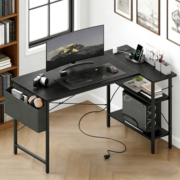 edx 39 Inch Small L Shaped Computer Desk with Power Outlets, Corner Gaming Table with Reversible Storage Shelves for Home, Office, Black