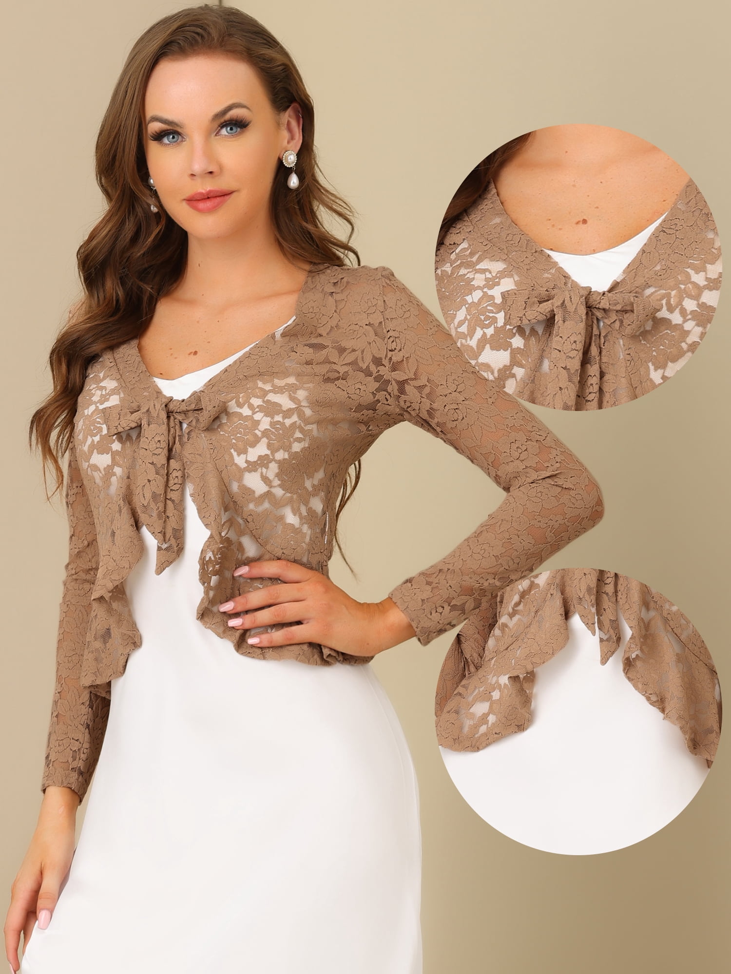 DARING DIVA Women's Ruffled Hem Floral Lace Crop Shrug Cardigan L Khaki